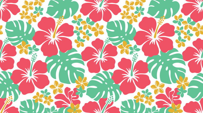 Tropical floral seamless pattern with pink hibiscus flowers, green monstera leaves, and yellow plumeria blossoms on a white background
