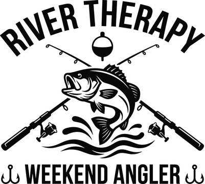 River therapy weekend angler fishing emblem with jumping bass fish, crossed fishing rods, and bobber float on a white background