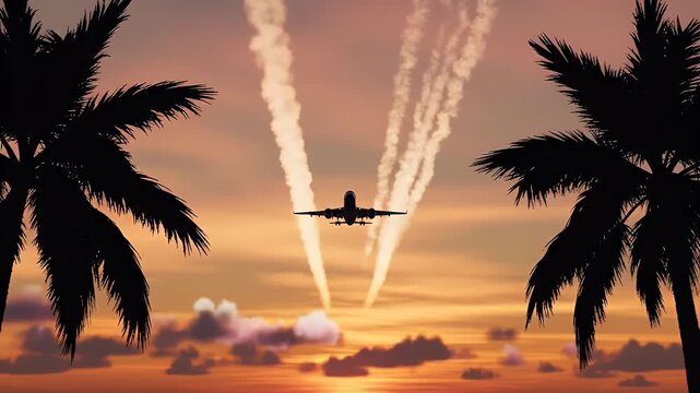 Silhouette of an airplane against a colorful sunset sky with palm trees