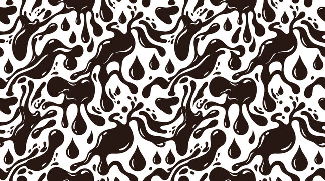 Repeating surface pattern of dark brown chocolate splashes and scattered droplets on a plain white background