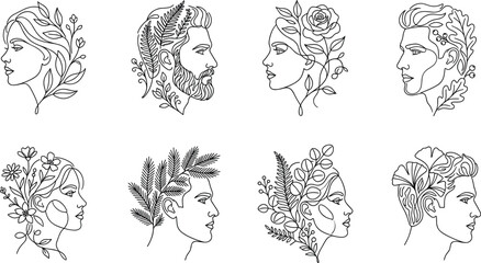 Fototapeta premium Set of eight minimalist line portraits featuring male and female profiles decorated with various botanical and foliage