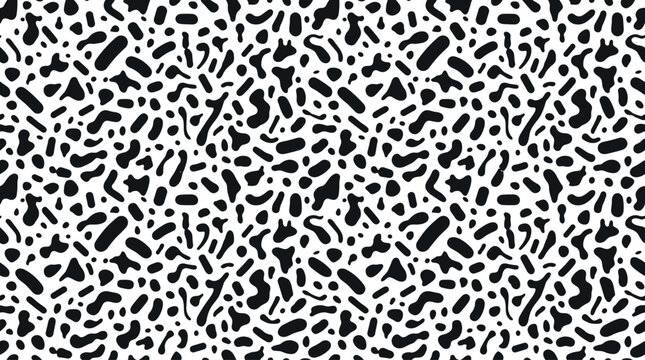Seamless pattern featuring random black organic shapes and dots on a white background, for textile and, wallpaper print