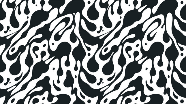 Seamless pattern of flowing black liquid drips and swirling organic shapes on a white background, for projects