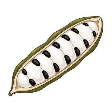 Vector illustration of an open ice cream bean pod, inga edulis, showing white fluffy pulp and black seeds inside a green husk, isolated on white background