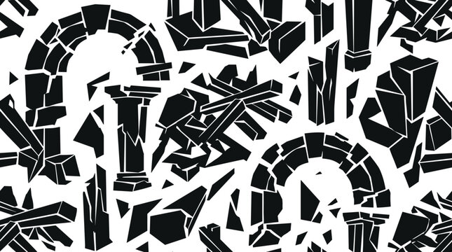 Seamless pattern of broken ancient roman architectural ruins including fallen stone columns and arched gateways in contrast black and white style