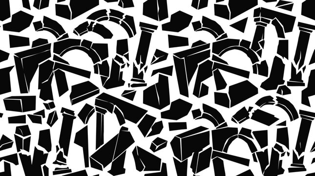 Repeating seamless texture pattern featuring fragmented ancient architectural ruins like fallen stone columns and arched gateways in bold black and white style
