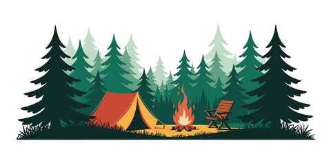 Obraz premium Camping Scene with Orange Tent and Campfire in Green Forest Silhouette Vector Illustration
