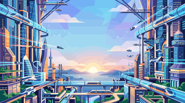 Flat vector background featuring hyperloops, flying vehicles and futuristic cities around edges

