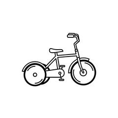 Fototapeta premium Line art illustration of a tricycle for children, a simple threewheeled bicycle icon for kids, isolated on white background