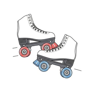 Retro roller skates with red and blue wheels, vintage quad skates for roller derby or disco skating, vector illustration isolated on white background