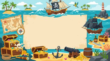 Adventure pirate flat vector background, treasure chests, maps and ships around borders, empty center for promotions   © Maftuh