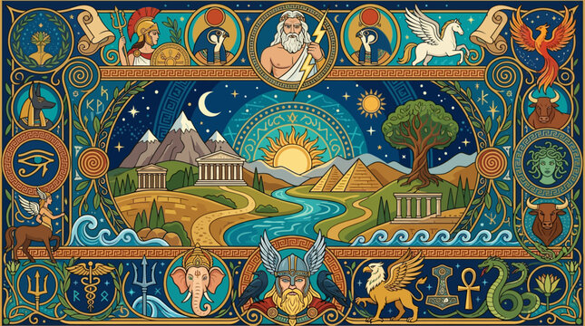 Flat vector mythology background, gods, symbols and legendary creatures used as decorative border elements


