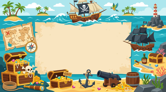 Adventure pirate flat vector background, treasure chests, maps and ships around borders, empty center for promotions

