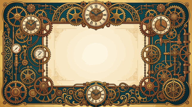 Steampunk flat vector background, gears, clocks and mechanical decorations framing a spacious center

