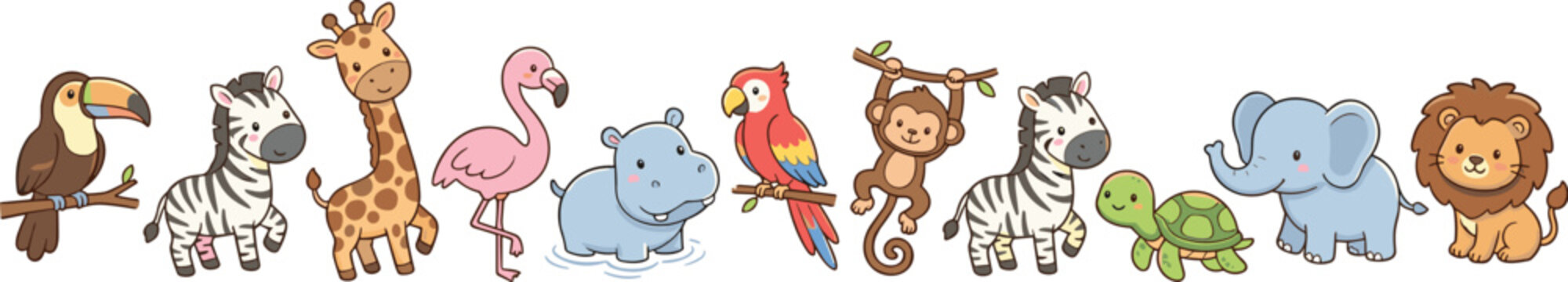 Cute safari animal border collection with toucan zebra giraffe flamingo elephant lion and jungle wildlife vector illustration set