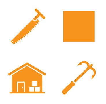 Four orange on a white background, showing a two-handled, saw, a solid, square, a storage, warehouse building, and, a metal grappling, hook tool