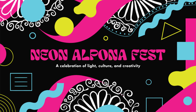 Neon alpona fest poster with vibrant pink, yellow, and blue geometric shapes, traditional patterns, and bold typography on black background