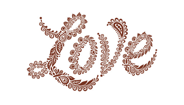 The word love written in a decorative script font filled with intricate brown paisley and floral patterns on a plain white background