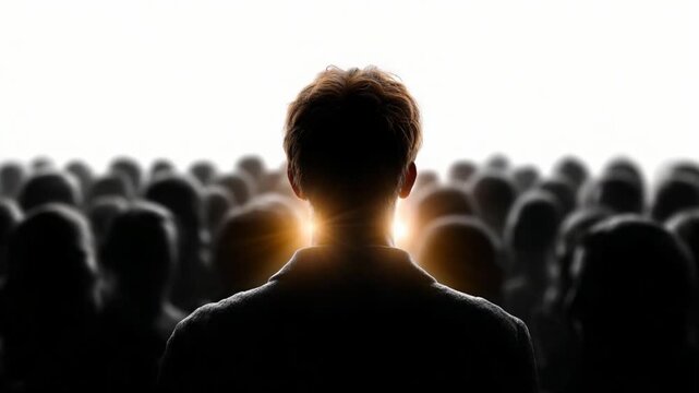 Standing Tall: A solitary figure, back turned, stands bathed in a bright light, looking out over a blurred crowd, symbolizing leadership or individuality amidst a collective.