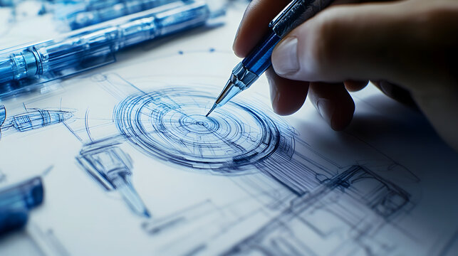 close up of a hand holding a pen on a blueprint