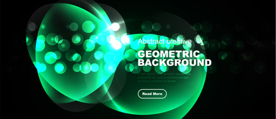 Obraz premium Bright green geometric shapes over black background. Text includes geometric background, read more. Modern design elements present.
