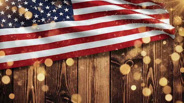 A waving American flag with stars and stripes overlays a rustic wooden background with bokeh lights