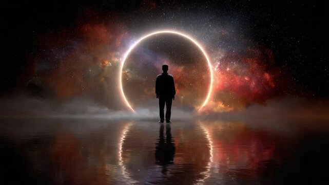 Portal to Infinity: A lone silhouette stands before a glowing ethereal ring, bathed in cosmic light, a visual representation of destiny, new beginnings, and the unknown universe.