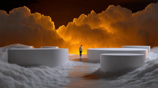 Cloudscape of Discovery: A solitary figure stands amidst a surreal landscape of ethereal clouds and futuristic platforms, bathed in the dramatic glow of an orange sky.