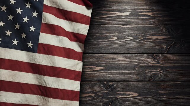 American flag draped on rustic dark wood planks with a dramatic shadow