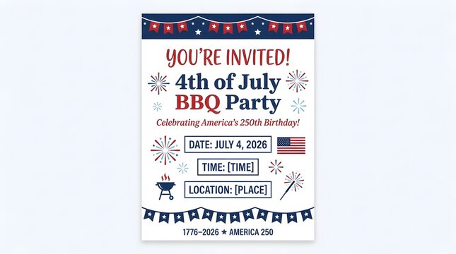 4th of july bbq party invitation template for americas 250th birthday celebration isolated on white background