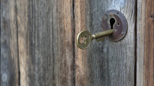 misaligned. A brass key slightly misaligned with a lock on an old wooden door. real-estate listings, architecture portfolios, designed for real-estate listing and luxury residence showcases.