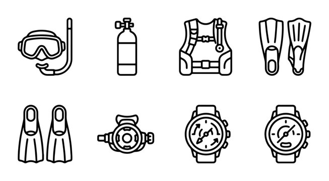 Scuba Diving Gear Icons Set, Underwater Equipment Vector Collection