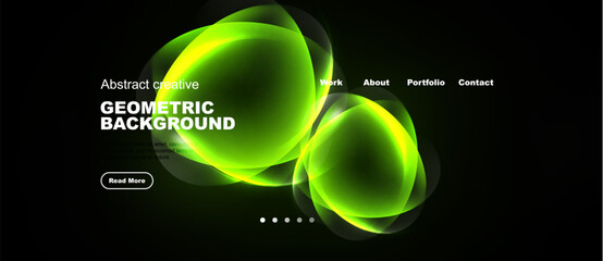 Naklejka premium Dark background features vibrant green abstract shapes. Text elements include website navigation, title, plus call to action button. Minimalist design.