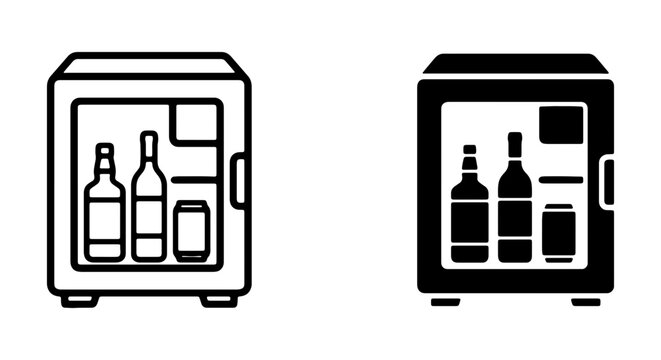 Mini Bar Refrigerator Icon Set, Hotel Room Fridge, Drink Cooler Vector Graphic
