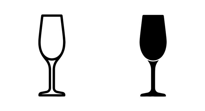 Elegant champagne glass icon, black outline and solid fill, sparkling wine flute vector