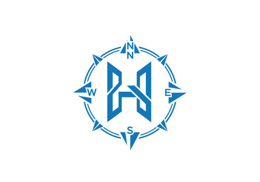 Blue compass rose with a stylized "W" and "H" at the center, on a white background