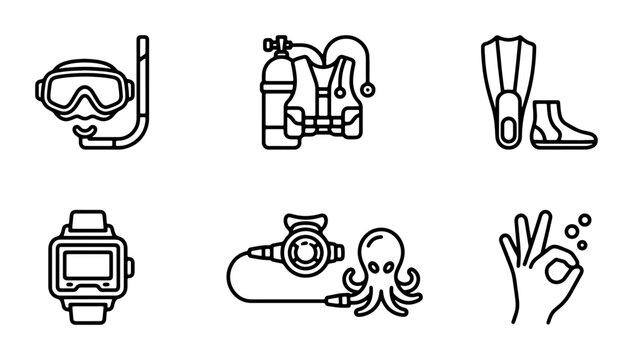 Scuba Diving Icons Set: Mask, Tank, Fins, Watch, Regulator, Octopus, OK Sign