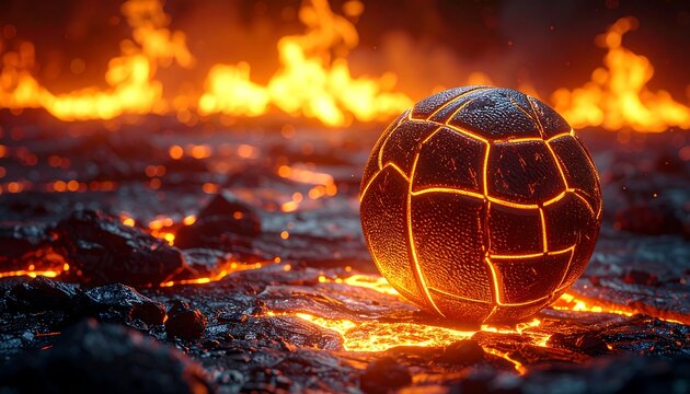 A spherical object, segmented, glows amidst flames and hot rock in an infernal scene. Blurry embers and fire surround the object
