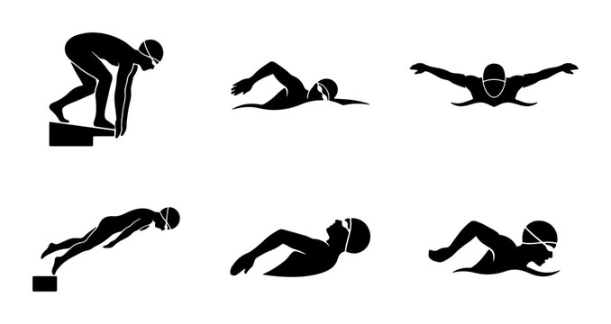 Swimming Strokes Vector Icons: Start, Dive, Freestyle, Butterfly, Backstroke