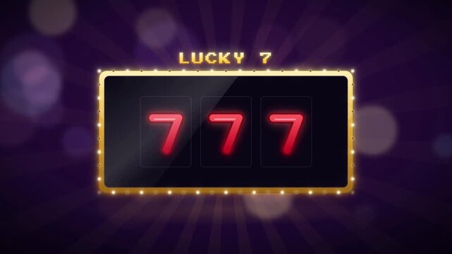 Lucky seven slot machine mega win animation with triple sevens and sunburst sparkle effect