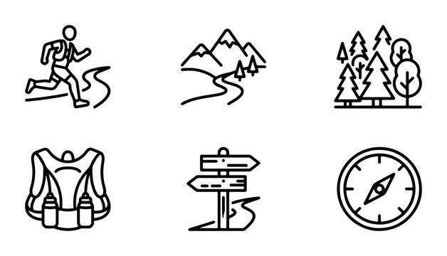 Outdoor Adventure Icons: Hiking, Running, Mountains, Forest, Compass