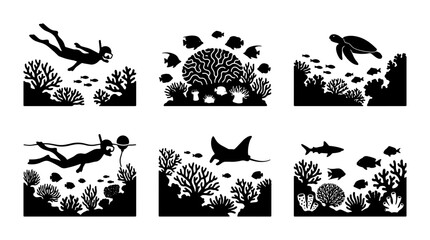 Underwater Coral Reef Silhouettes, Ocean Life Scenes, Snorkeler Vector Graphics © Ariful