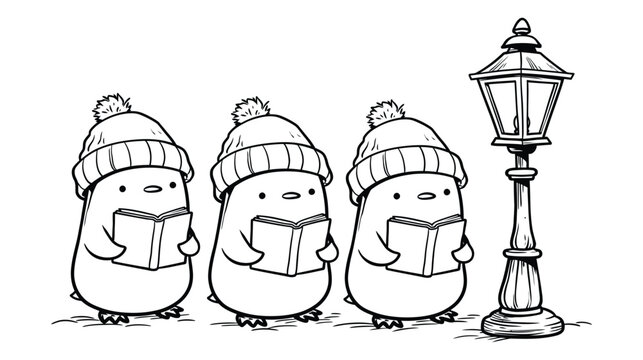 Penguin illustration of three penguins wearing hats singing near lamp post