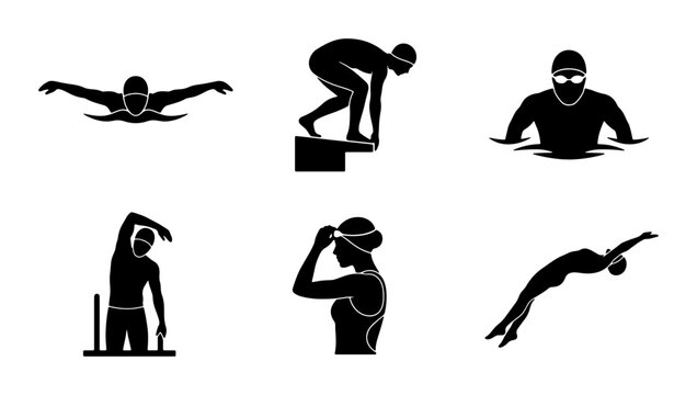 Swimming Icons Set: Athlete Actions, Water Sports, Pool Activities