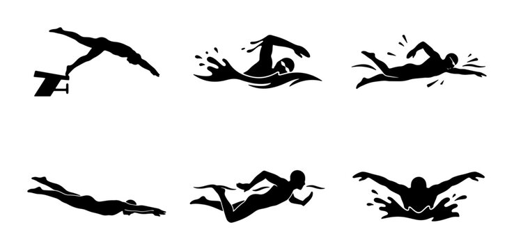 Swimming Silhouettes: Dive, Freestyle, Backstroke, Butterfly, Set