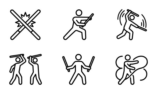 Martial Arts Stick Fighting Icons, Combat Poses, Dynamic Action Vector Set