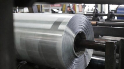 Fototapeta premium Steel coil rotating on industrial rolling machine in factory