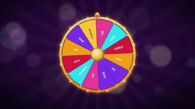 Spinning prize wheel fortune game animation landing on jackpot with golden sparkle on purple