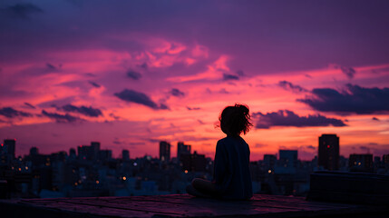 Fototapeta premium silhouette of child gazing at sunset