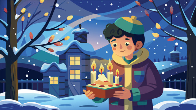 Young boy holding lit menorah during Hanukkah celebration in snowy village at dusk